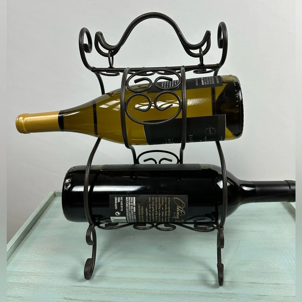 Metal Scroll 2-bottle wine holder with handle - 12 inches high